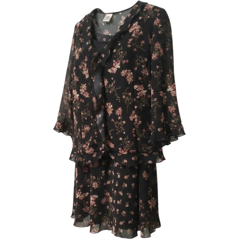 Emma James Liz Claiborne Floral Skirt Set Black Ruffle Cardigan Top Size 12